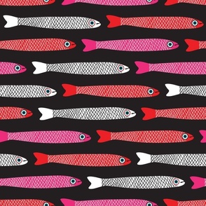 ANCHOVIES Bright Swimming Fish - Horizontal Layout - White Pink Red on Black  - MEDIUM Scale - UnBlink Studio by Jackie Tahara