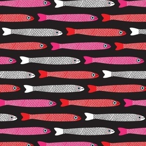 ANCHOVIES Bright Swimming Fish - Horizontal Layout - White Pink Red on Black  - SMALL Scale - UnBlink Studio by Jackie Tahara