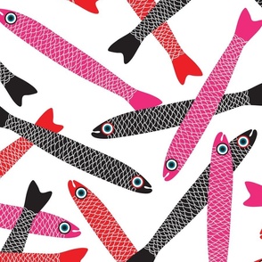ANCHOVIES Bright Swimming Fish - Tossed Layout - Black Pink Red on White  - LARGE Scale - UnBlink Studio by Jackie Tahara