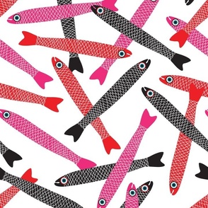 ANCHOVIES Bright Swimming Fish - Tossed Layout - Black Pink Red on White  - MEDIUM Scale - UnBlink Studio by Jackie Tahara
