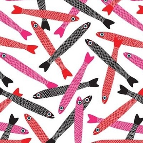 ANCHOVIES Bright Swimming Fish - Tossed Layout - Black Pink Red on White  - SMALL Scale - UnBlink Studio by Jackie Tahara