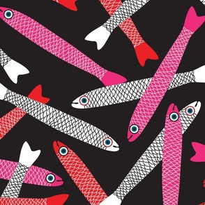 ANCHOVIES Bright Swimming Fish - Tossed Layout - White Pink Red on Black - LARGE Scale - UnBlink Studio by Jackie Tahara