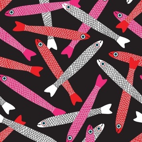 ANCHOVIES Bright Swimming Fish - Tossed Layout - White Pink Red on Black - MEDIUM Scale - UnBlink Studio by Jackie Tahara