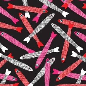 ANCHOVIES Bright Swimming Fish - Tossed Layout - White Pink Red on Black - SMALL Scale - UnBlink Studio by Jackie Tahara