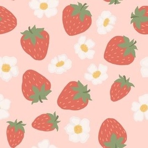 Strawberry Floral, Strawberry Fabric, Red, Pink, White, Green, Fruit Fabric, Summer Fabric, Flowers