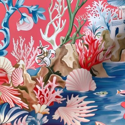 Nautical chinoiserie in blue and coral