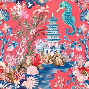 Nautical chinoiserie in blue and coral