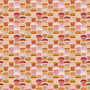 C007 - Mini small  scale mustard, warm red and beige sweet cupcakes with icing and sprinkles for birthday party decor, mother's day afternoon tea,  children's apparel, table linen, napkins  and kitchen bakery wallpaper