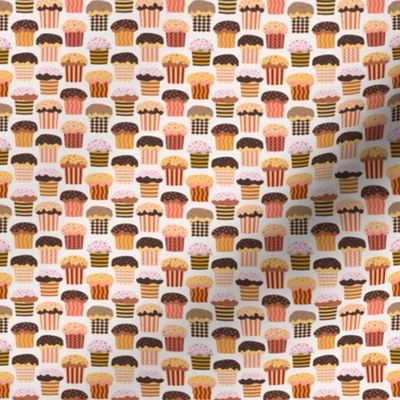 C007 - Mini small  scale warm neutral brown. mustard and beige sweet cupcakes with icing and sprinkles for birthday party decor, mother's day afternoon tea,  children's apparel, table linen, napkins  and kitchen bakery wallpaper