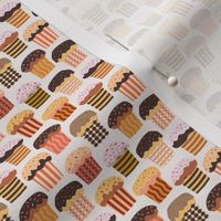 C007 - Mini small  scale warm neutral brown. mustard and beige sweet cupcakes with icing and sprinkles for birthday party decor, mother's day afternoon tea,  children's apparel, table linen, napkins  and kitchen bakery wallpaper