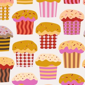 C007 -Large jumbo scale red, yellow and mauve pink sweet cupcakes with icing and sprinkles for birthday party decor, mother's day afternoon tea,  children's apparel and kitchen bakery wallpaper