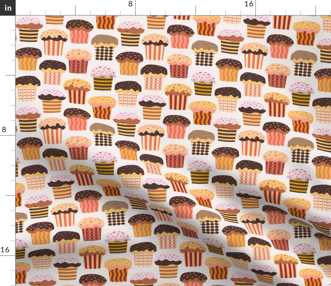 C007 - Medium small scale warm neutral yellow, ochre and brown sweet cupcakes with icing and sprinkles for birthday party decor, mother's day afternoon tea,  children's apparel, table linen, napkins  and kitchen bakery wallpaper
