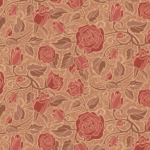 Traditional Rose Garden, Hand-Drawn, Medium Scale - Red, Gold