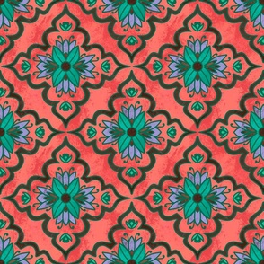 Vintage Flower Stamp Coral & Seafoam Blue Indian Oriental Aesthetic Ethnic Tile Carpet Pattern For Restaurants And Home Decor