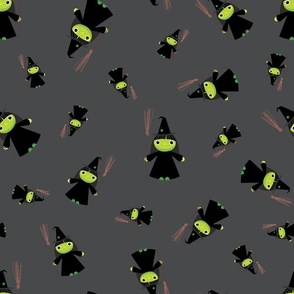 Midi – Cute Green Halloween Witches & Broomsticks – Tossed Blender – Lime Green, Charcoal Gray & Black