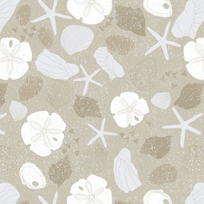 Naples By the Shore- Neutral Tan, white Grey Shells, Sanddollars and Starfish 