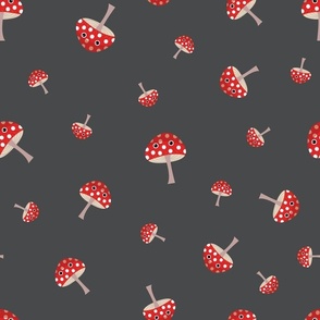 Midi – Cute Red & White Spotted Halloween Mushrooms & Toadstools – Tossed Blender – Scarlet, Ivory & Charcoal Gray