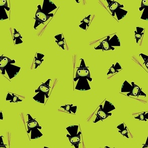 Midi – Cute Green Halloween Witches & Broomsticks – Tossed Blender – Black, Lime Green & Chartreuse