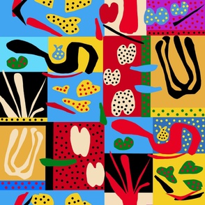 Ode to Matisse - Red Blue Yellow Green Black - Faux Quilt - Repeat 36x36" Design 16739335