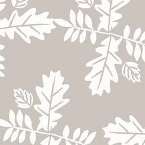 Grey White Leaves Vintage Line Leaf Pattern 