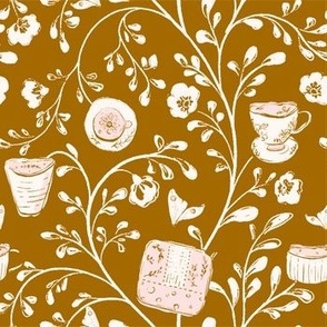 [M] Vintage Floral Tea Picnic - Vintage Brown #P240124