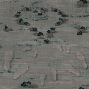 Footstep Family Childrens Feet, Kids Fun in Sand, Beach Fun Family Footsteps, Tiny Sandy Feet, Seaside Vacation Footsteps, Modern Family Life, Creating Memories, Footprints of Love, Heart Shape Pebbles, I heart You, Muted Green Gray Tones, LARGE SCALE