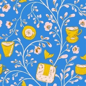 [M] Vintage Floral Tea Picnic - Retro Blue #P240126