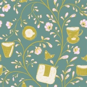 [M] Vintage Floral Tea Picnic - Vintage Green #P240121