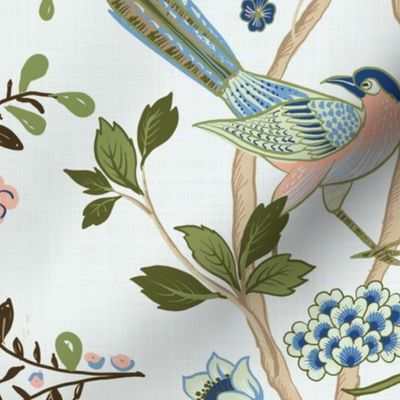 Chintz choinsierie birds wallpaper-spring -coral and olive greens
