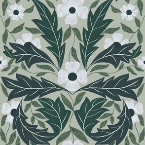   Blooms in the rocks//Arts & Crafts Style//Pantone Mega Matter//forest green//small scale//home decor//fabric