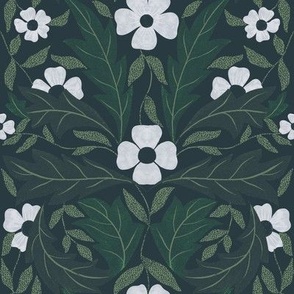   Blooms in the rocks//Arts & Crafts Style//Pantone Mega Matter//forest green dark//small scale//home decor//fabric