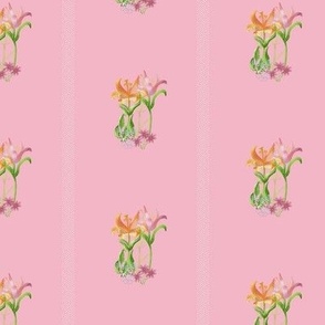 Bright colored lilies and flowers, and white dotted stripes on a blush pink background 