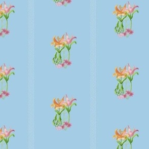 Bright colored lilies and flowers, and white dotted stripes on a baby blue background 