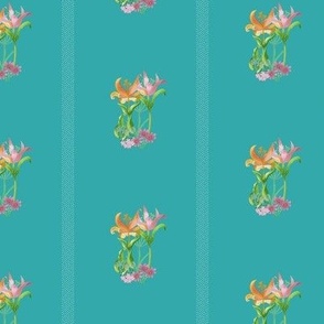 Bright colored lilies and flowers, and white dotted stripes on a vibrant teal background 