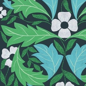   Blooms in the rocks//Arts & Crafts Style//Pantone Mega Matter//forest green, blue //medium scale//wallpaper//home decor//fabric