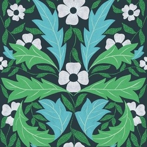   Blooms in the rocks//Arts & Crafts Style//Pantone Mega Matter//forest green, blue //small scale//wallpaper//home decor//fabric