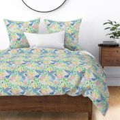 (L scale) Colorful birds, lilies, flowers and leaves in pink, blue, orange and yellow