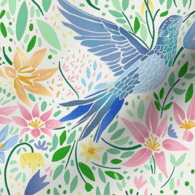 (L scale) Colorful birds, lilies, flowers and leaves in pink, blue, orange and yellow