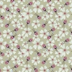 Micro Pastel Blossom Delight with Ladybugs on green