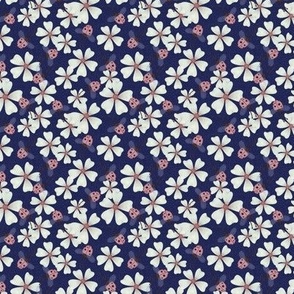 Micro Pastel Blossom Delight with Ladybugs on navy_blue