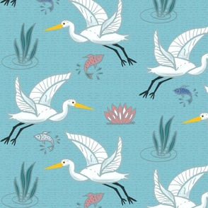 (XL) Graceful Flying Egrets in Ocean Blue