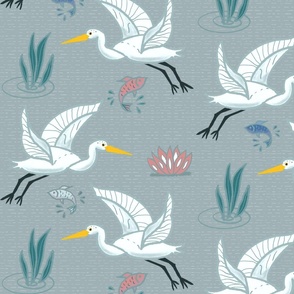 (XL) Graceful Flying Egrets in Grey