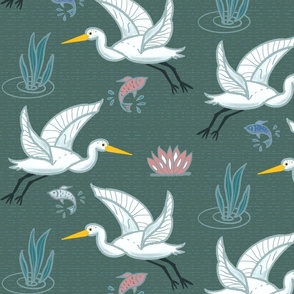 (XL) Graceful Flying Egrets in Grayish Green