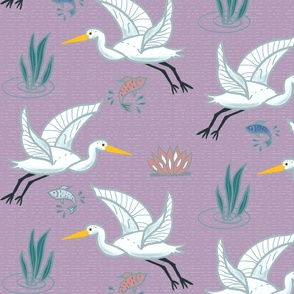 (XL) Graceful Flying Egrets in Light Purple