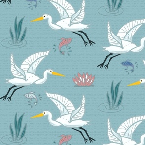 (XL) Graceful Flying Egrets in Light Turquoise