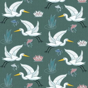 (M) Graceful Flying Egrets in Grayish Green