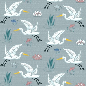 (M) Graceful Flying Egrets in Grey