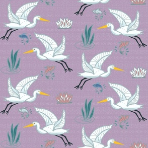 (M) Graceful Flying Egrets in Light Purple