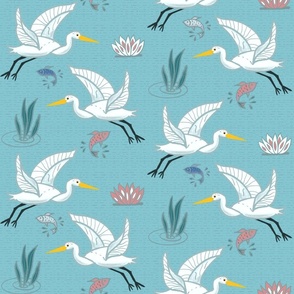 (M) Graceful Flying Egrets in Ocean Blue