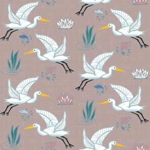 (M) Graceful Flying Egrets in Sand Brown